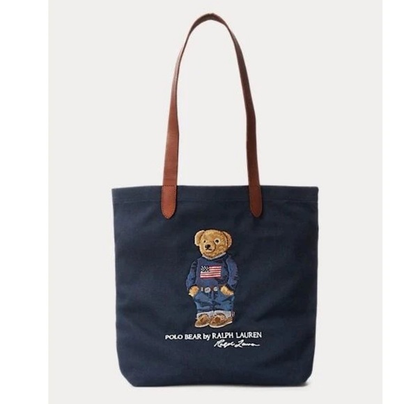 NEW Polo Ralph Lauren Polo Bear American flag sweater Navy Tote Bag - Picture 4 of 13